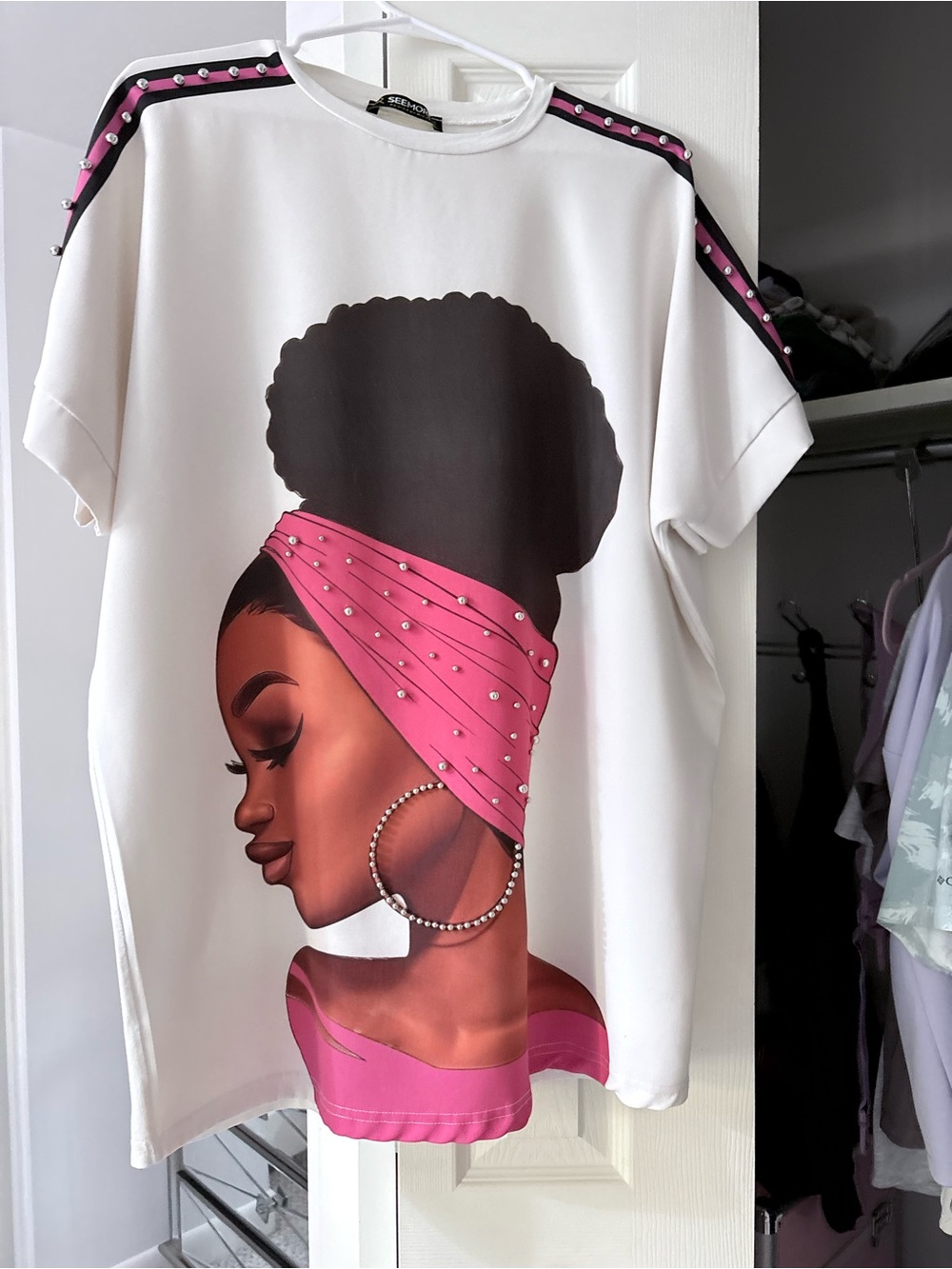 White Graphic Tunic with Pink Headwrap Print - Elegant Women's Top
